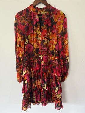 MILLY Floral Print Tiered Chiffon Mini Dress Keyhole Neck Size 8 Bright